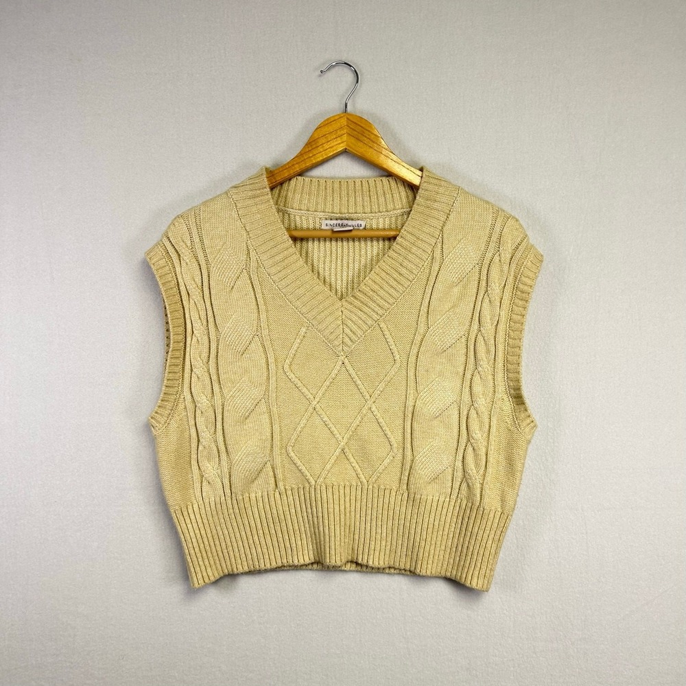Preppy‎ Sincerely Jules Womens Small Cream Yellow Cable Knit V-Neck Sweater Vest